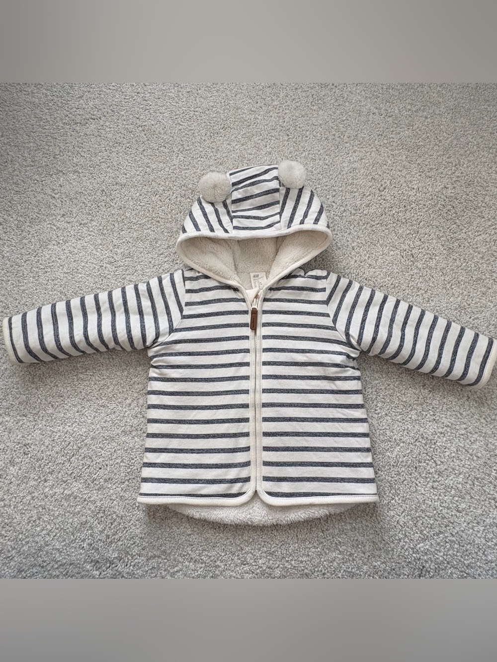 H&M White Blue Striped Bear Hoodie Lined Jacket baby size 9M